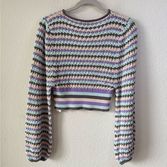 ZARA Women’s Striped Crochet Knit Cropped Sweater Top Puff Sleeve V-Neck Sz L - Picture 4 of 7